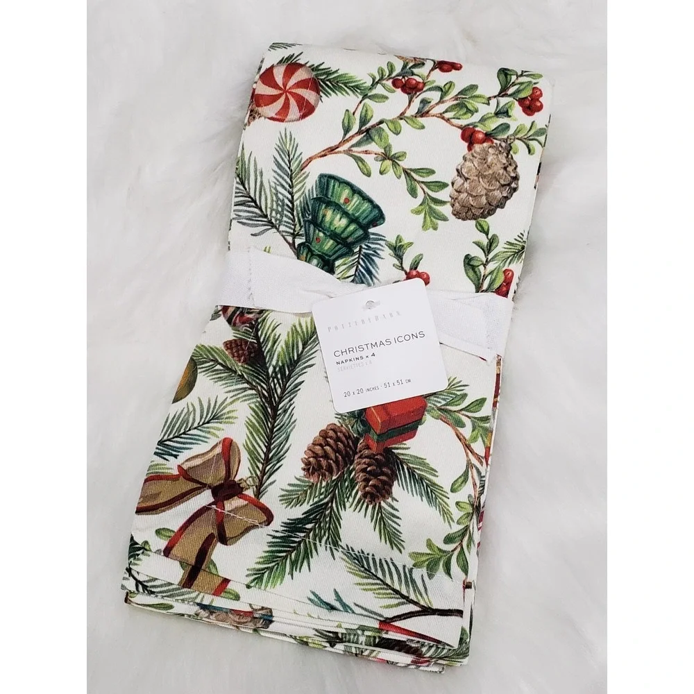 NEW Set Of 4 POTTERY BARN NOSTALGIC CHRISTMAS ICONS COTTON TWILL NAPKINS #3